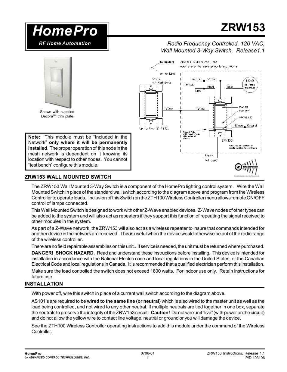 Specs Instructions ZRW153I (RF 120 VAC, 15A, Feed ThroughWall Switch, Three Way, Ivory)