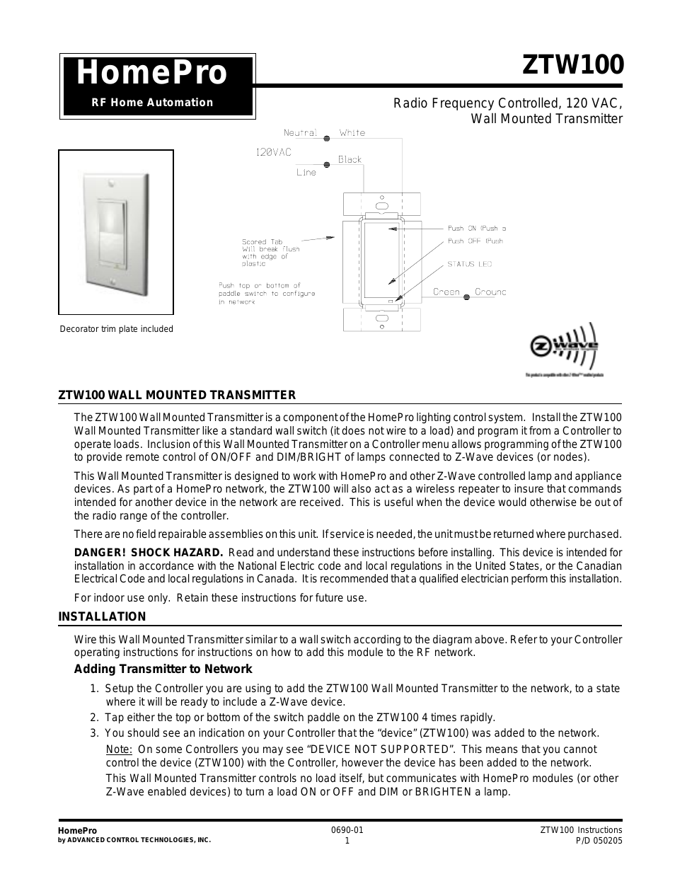 Specs Instructions ZTW100I (RF 120 VAC, Wall Transmitter,908.42MHz, Ivory)