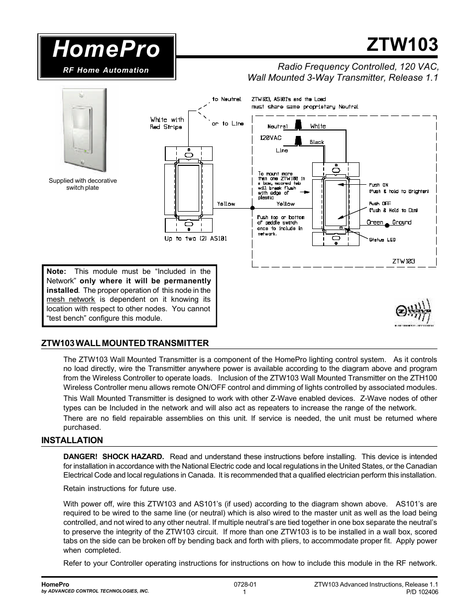 Specs Instructions ZTW103I (RF 120 VAC, Wall Transmitter,908.42MHz, Ivory)