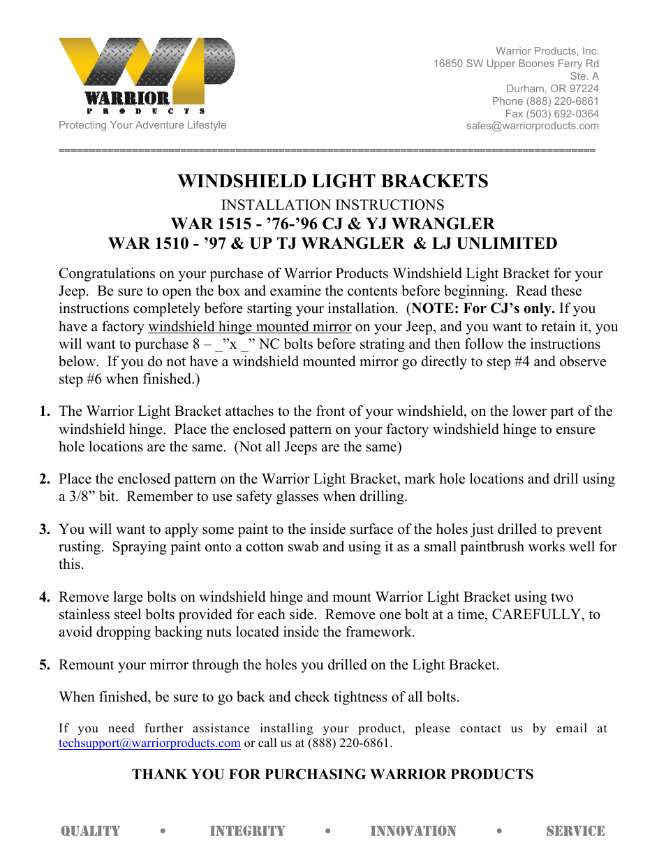 1510 - ’97 & UP TJ WRANGLER & LJ UNLIMITED WINDSHIELD LIGHT BRACKETS