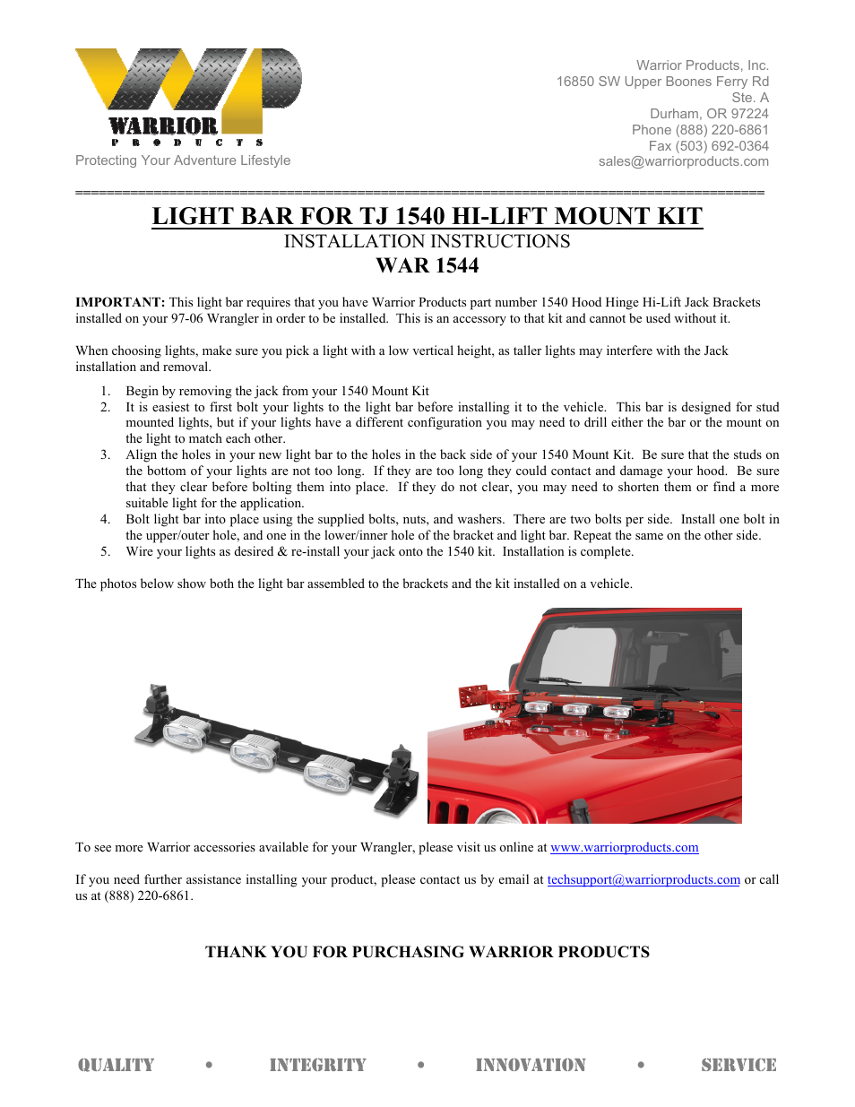 1544 LIGHT BAR FOR TJ 1540 HI-LIFT MOUNT KIT (1997 – 2006 Jeep TJ Wrangler)