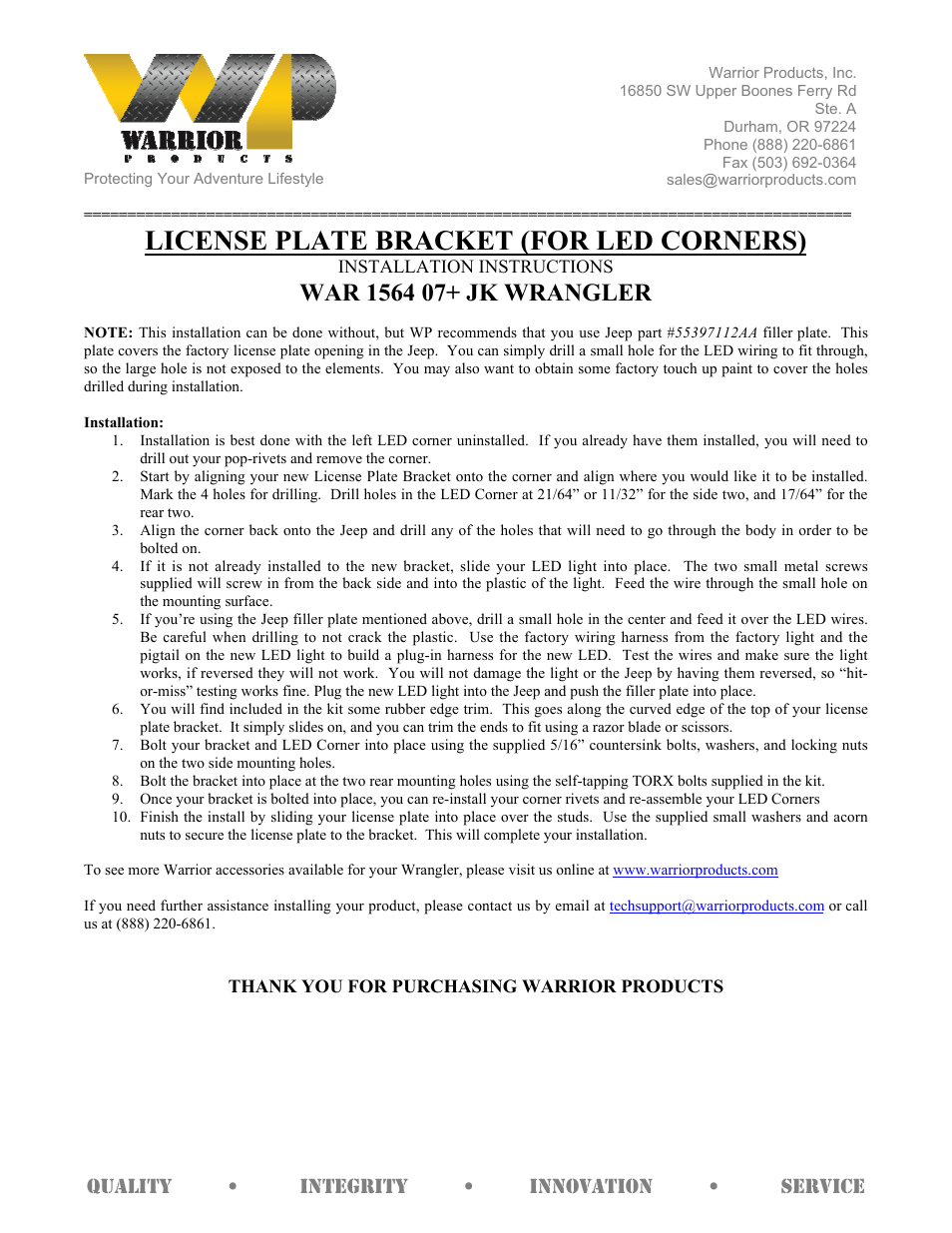 1564 LICENSE PLATE BRACKET (FOR LED CORNERS) (2007 – 2013 Jeep JK Wrangler)