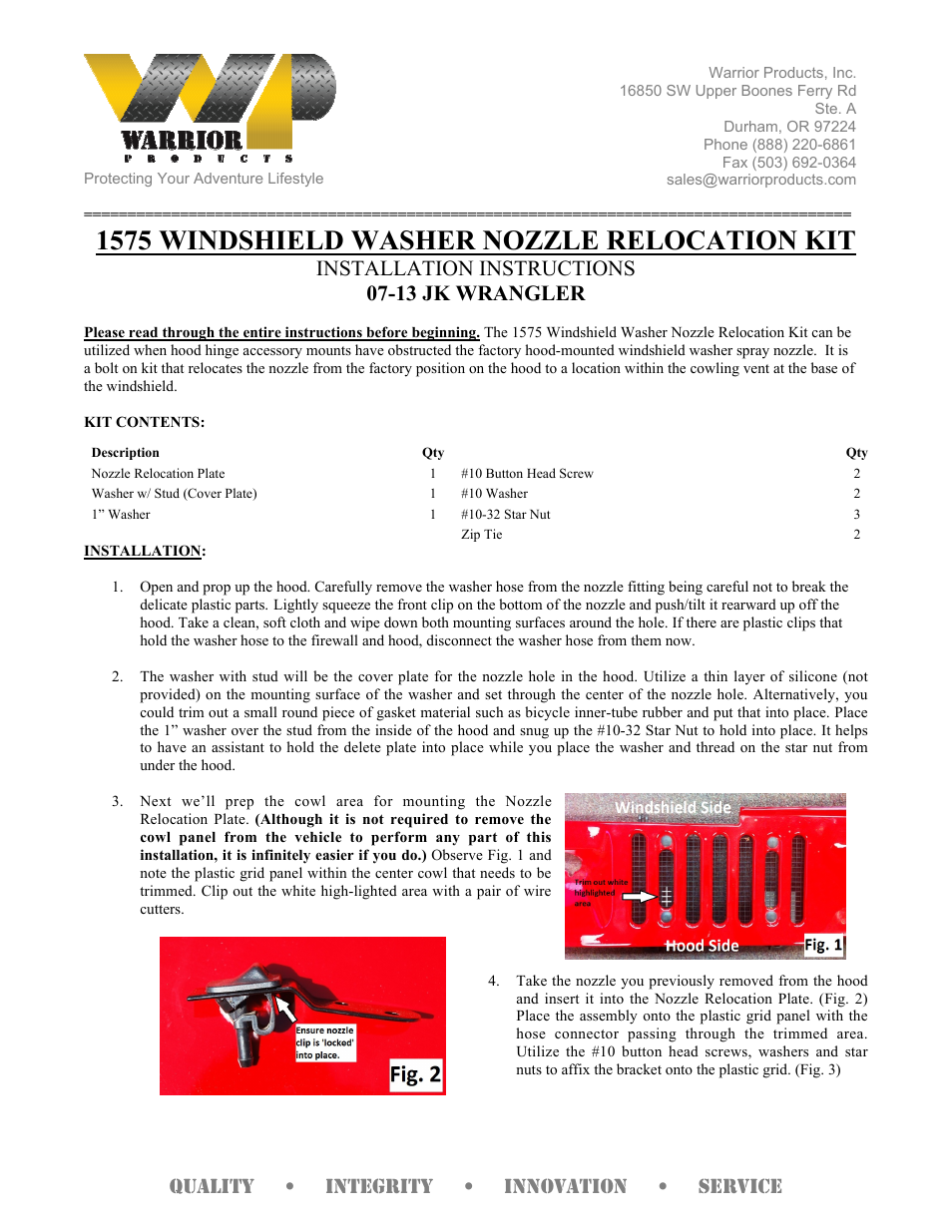 1575 WINDSHIELD WASHER NOZZLE RELOCATION KIT (2007 – 2013 Jeep JK Wrangler)