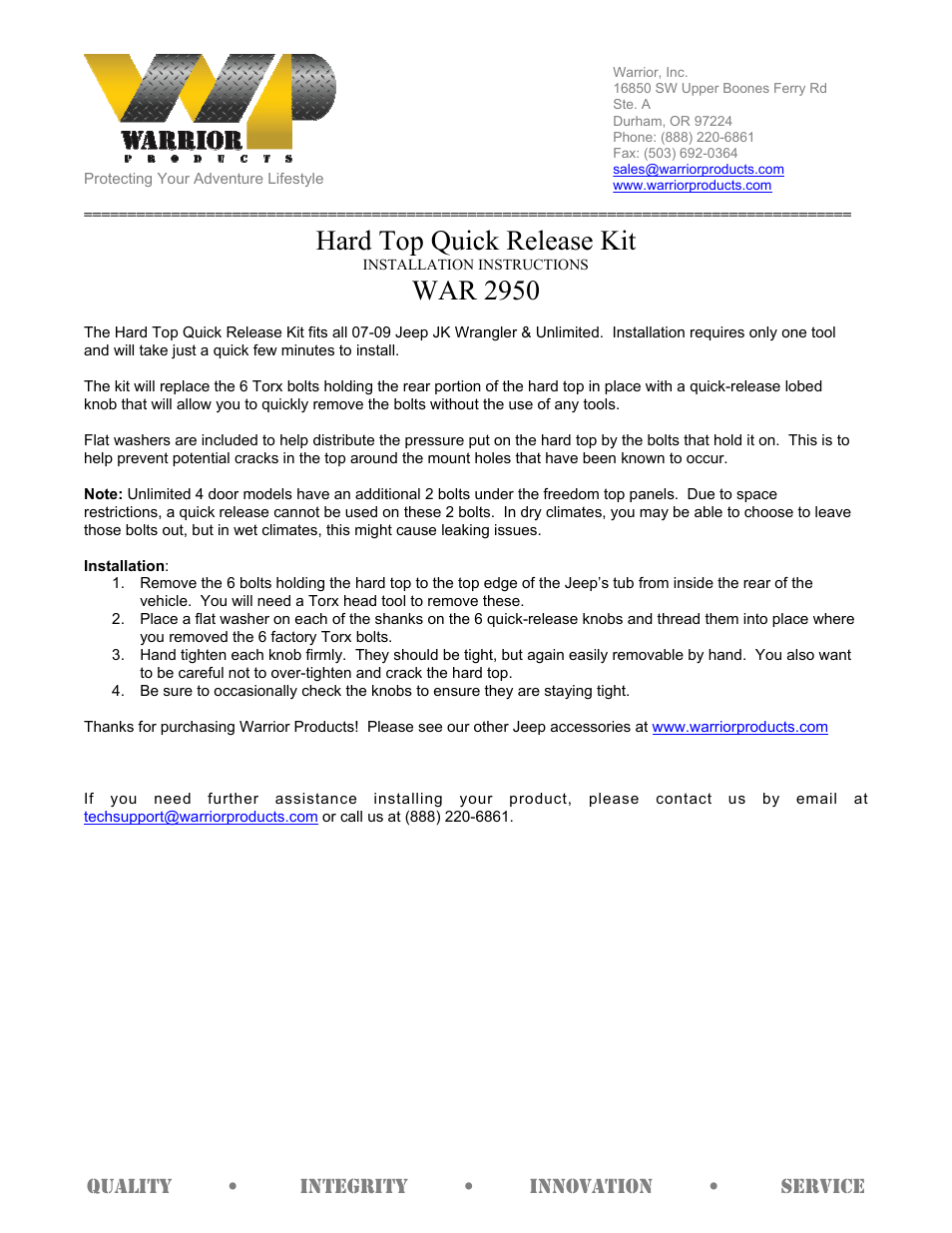 2950 Hard Top Quick Release Kit (2007 – 2013 Jeep JK Wrangler)