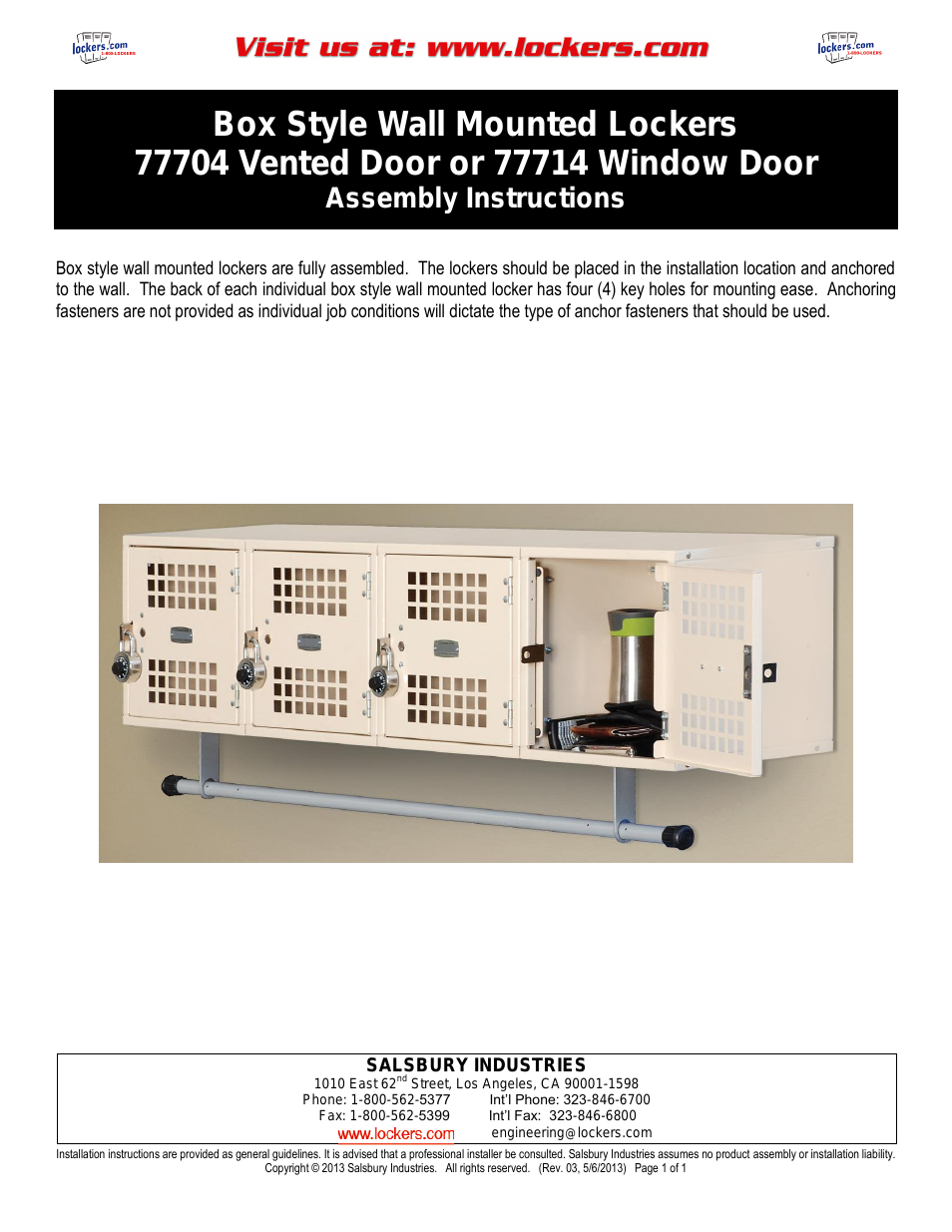77704 Vented Door or 77714 Window Door Series Box Style Wall Mounted Lockers