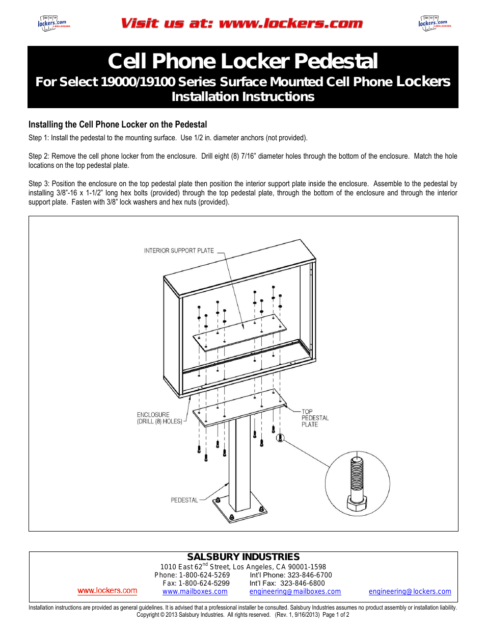 Cell Phone Locker Pedestal  For Select 19000/19100 Series Surface Mounted Cell Phone Lockers