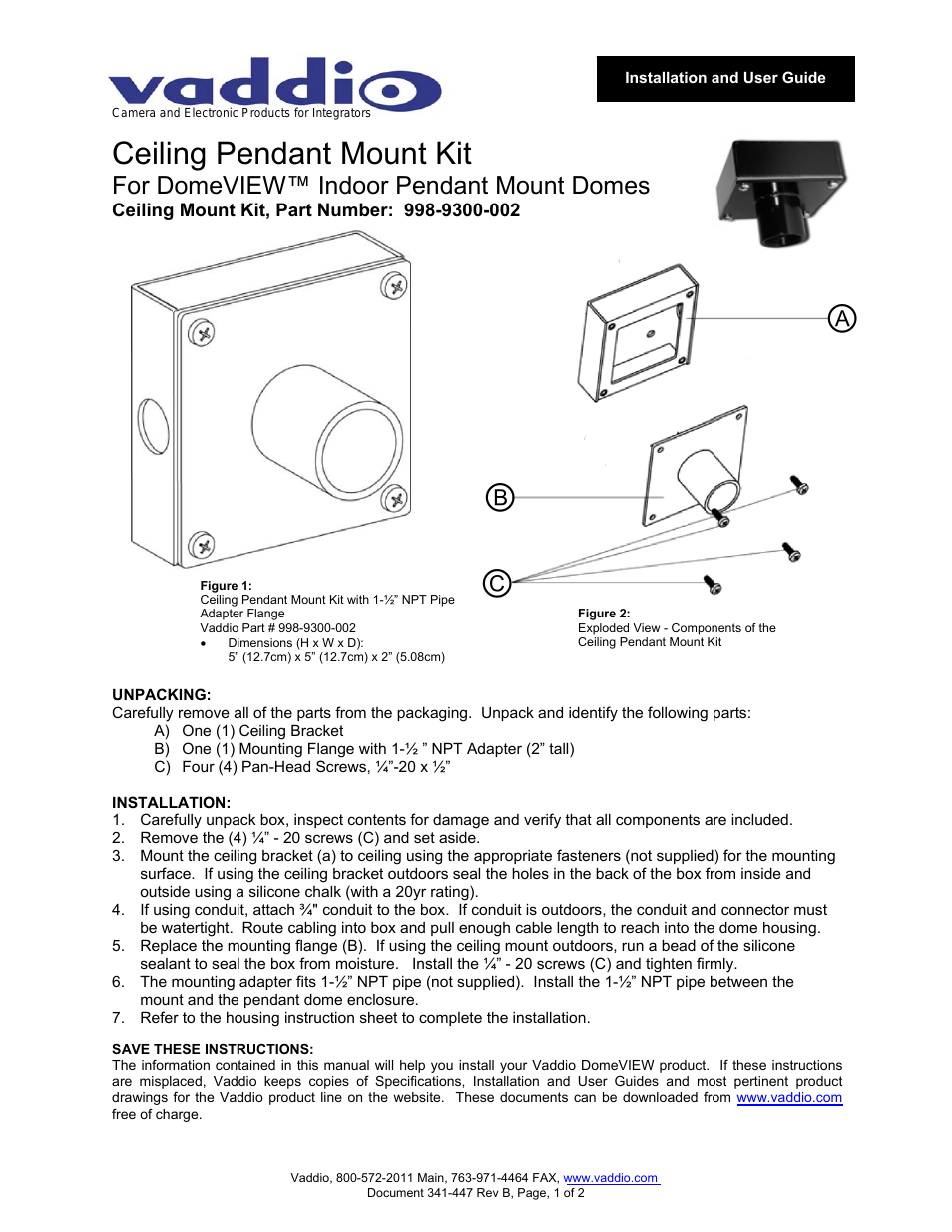 Ceiling Pendant Mount Kit For DomeVIEW™ Indoor Pendant Mount Domes