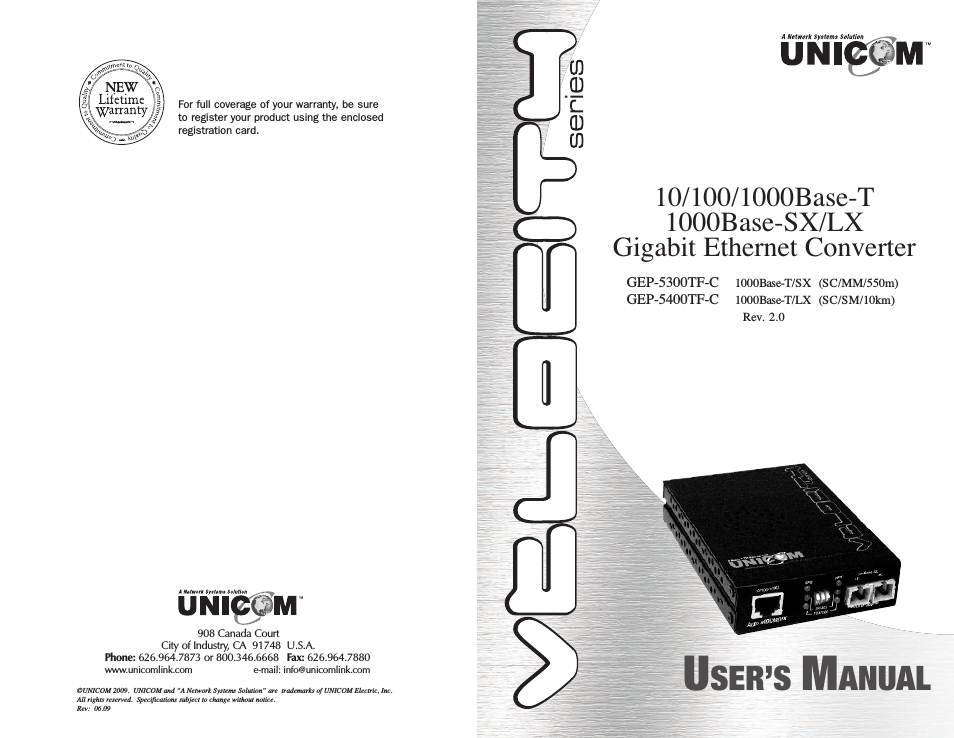 Unicom Velocity 10/100/1000Base-T 1000Base-SX/LX Gigabit Ethernet Converter GEP-5400TF-C