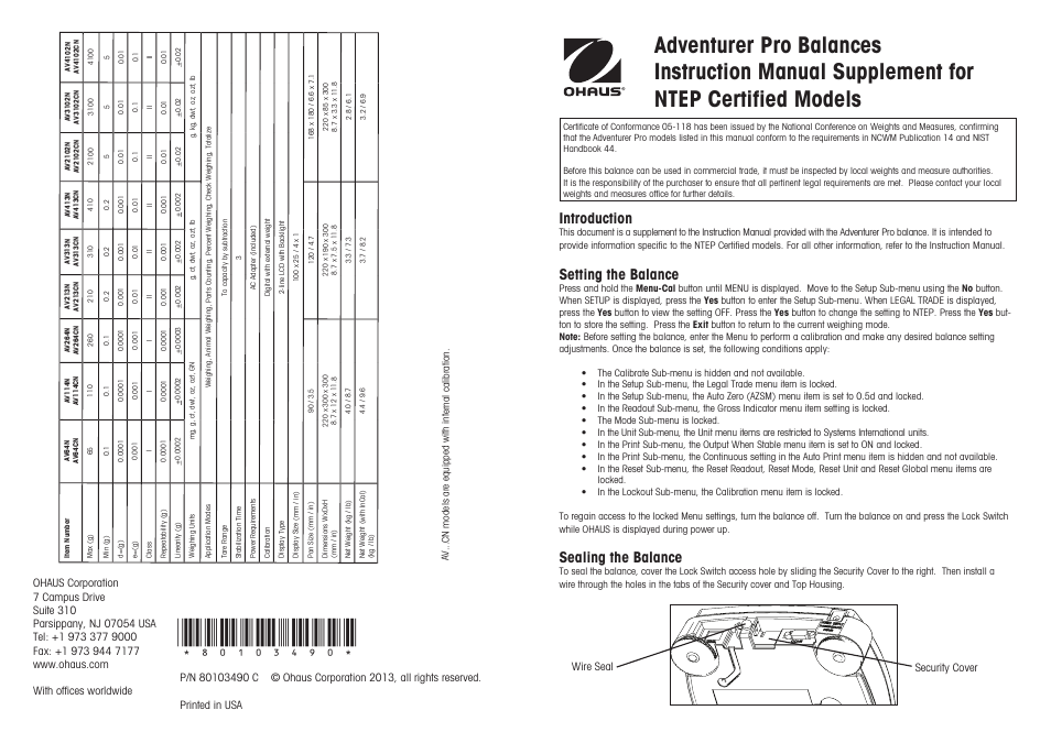 ADVENTURER PRO PHARMACY BALANCES Manual Supplement for NTEP Certified Models