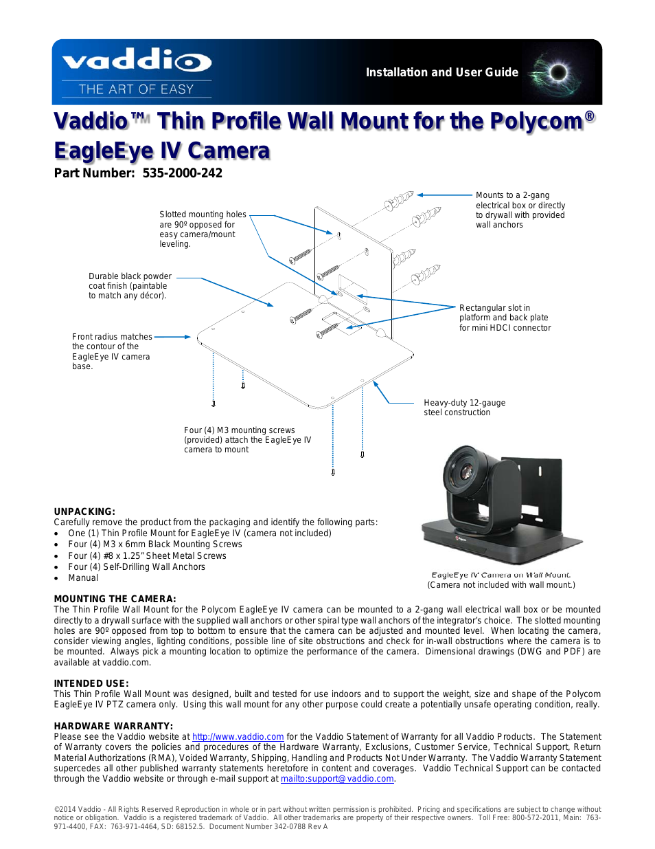 Thin Profile Wall Mount for Polycom EagleEye IV Camera