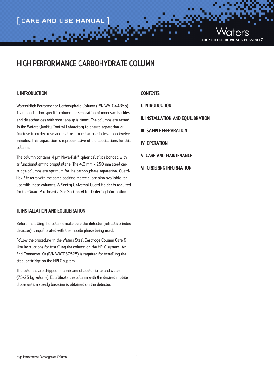 High Performance Carbohydrate Column