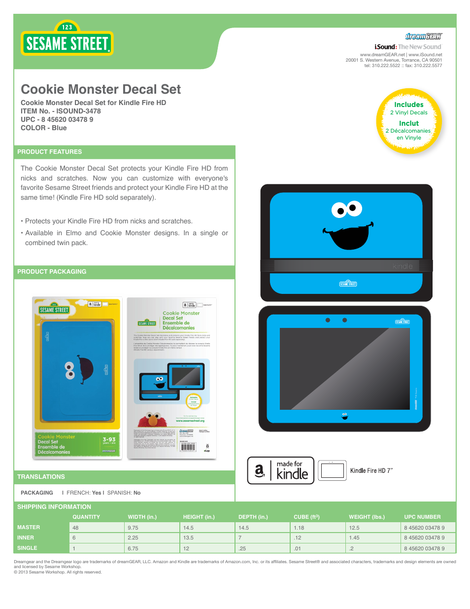 Cookie Monster Decal Set for Kindle Fire HD - Sell Sheet