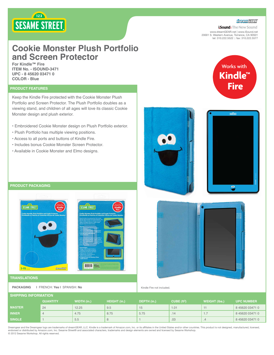 Cookie Monster Plush Portfolio and Screen Protector for Kindle Fire - Sell Sheet
