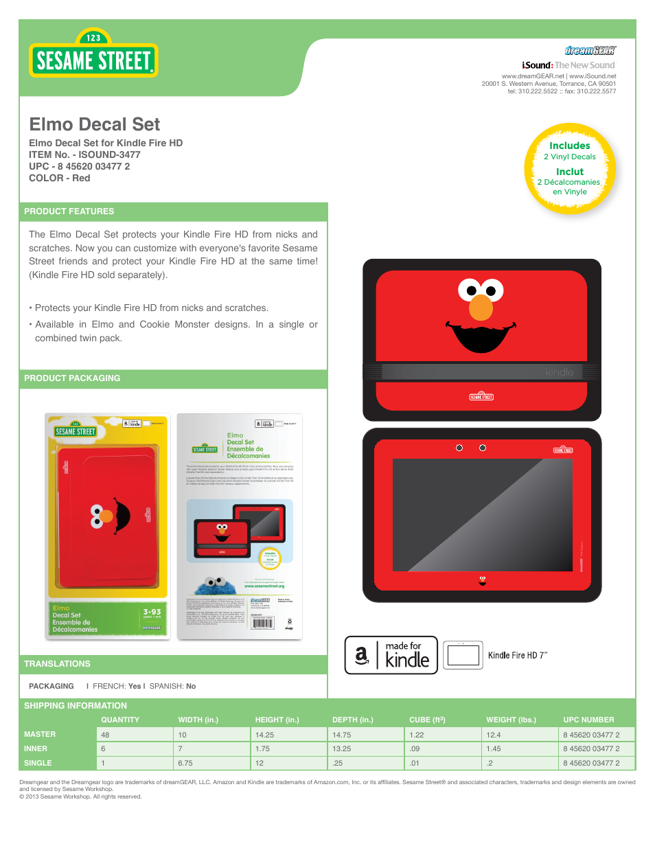 Elmo Decal Set for Kindle Fire HD - Sell Sheet