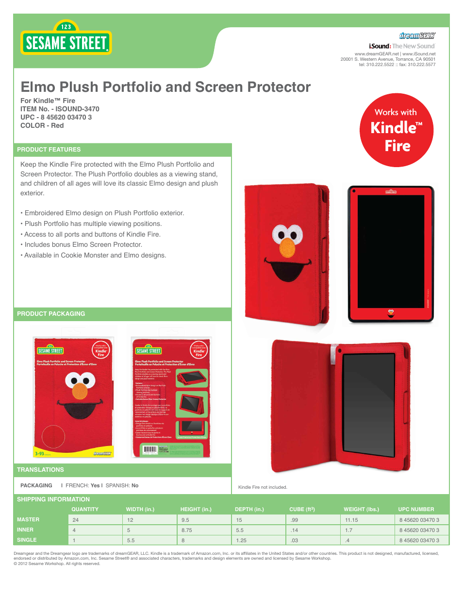 Elmo Plush Portfolio and Screen Protector for Kindle Fire - Sell Sheet