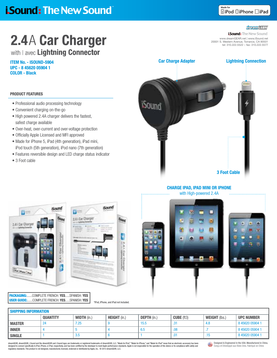 2.4A Car Charger with Lightning Connector - Sell Sheet