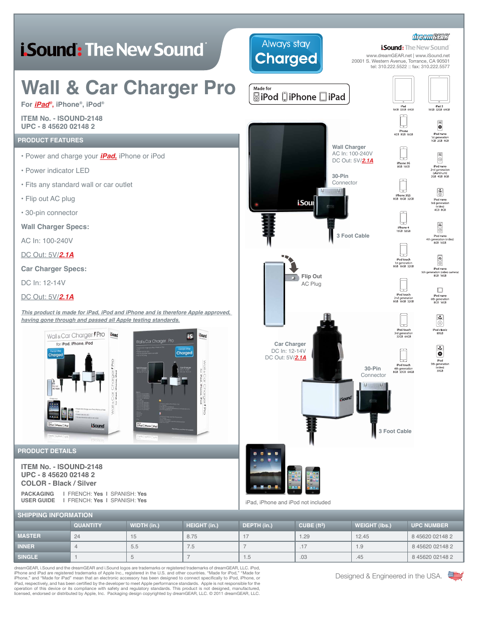 Wall & Car Charger Pro for iPad, iPhone and iPod - Sell Sheet