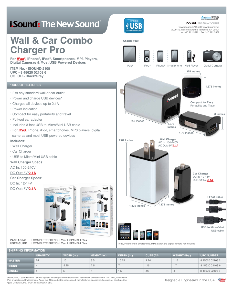 Wall & Car Combo Charger Pro 2108 - Sell Sheet
