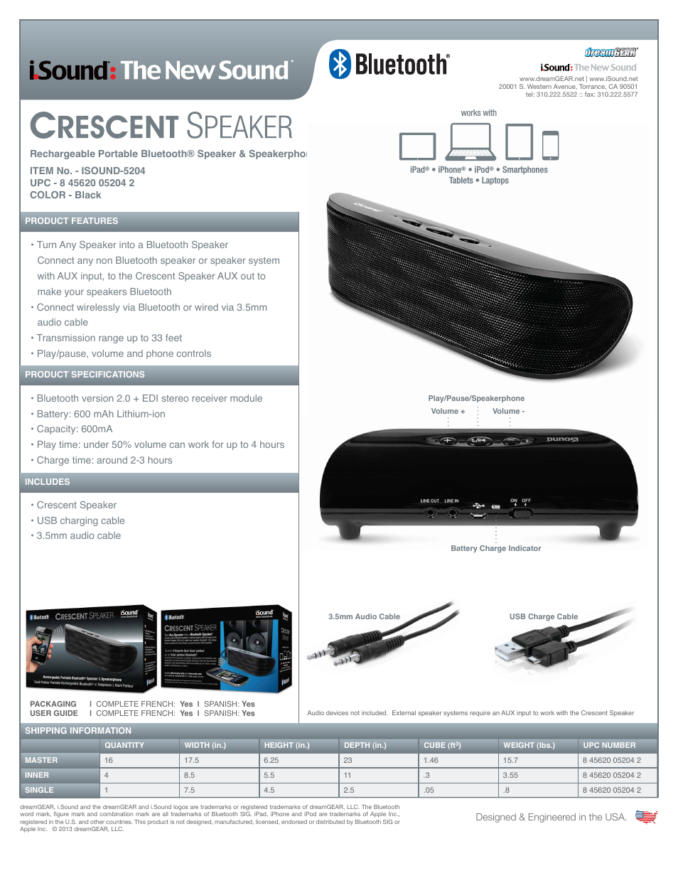Crescent Rechargeable Portable Bluetooth Speaker + Speakerphone - Sell Sheet