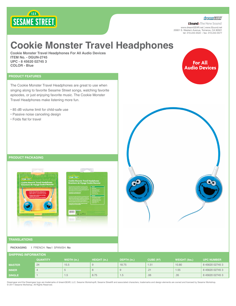 Cookie Monster Travel Headphones - Sell Sheet