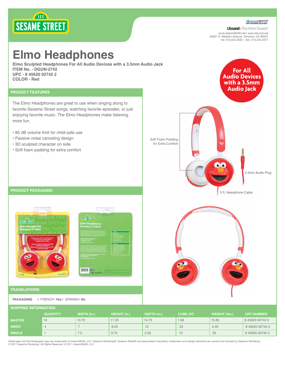 Elmo Headphones - Sell Sheet