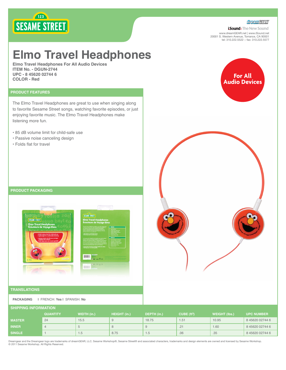 Elmo Travel Headphones - Sell Sheet