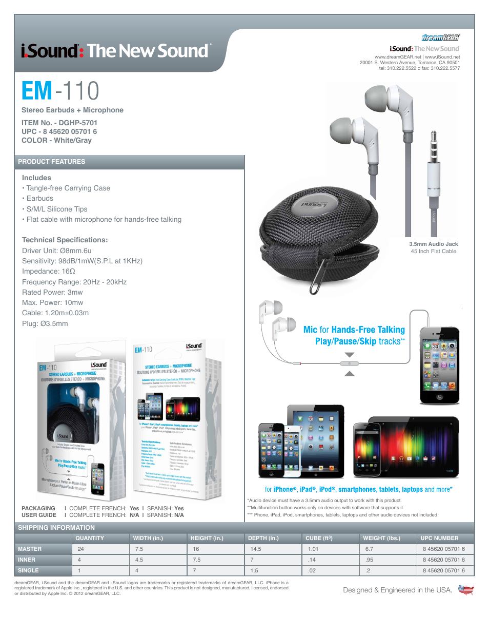 EM-110 Stereo Earbuds + Microphone - Sell Sheet