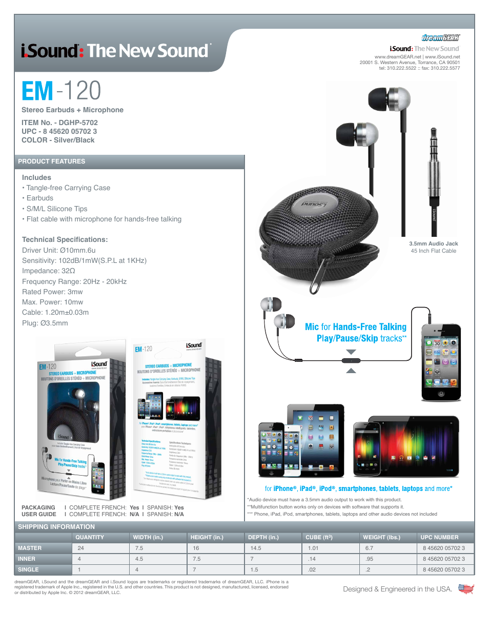 EM-120 Stereo Earbuds + Microphone - Sell Sheet