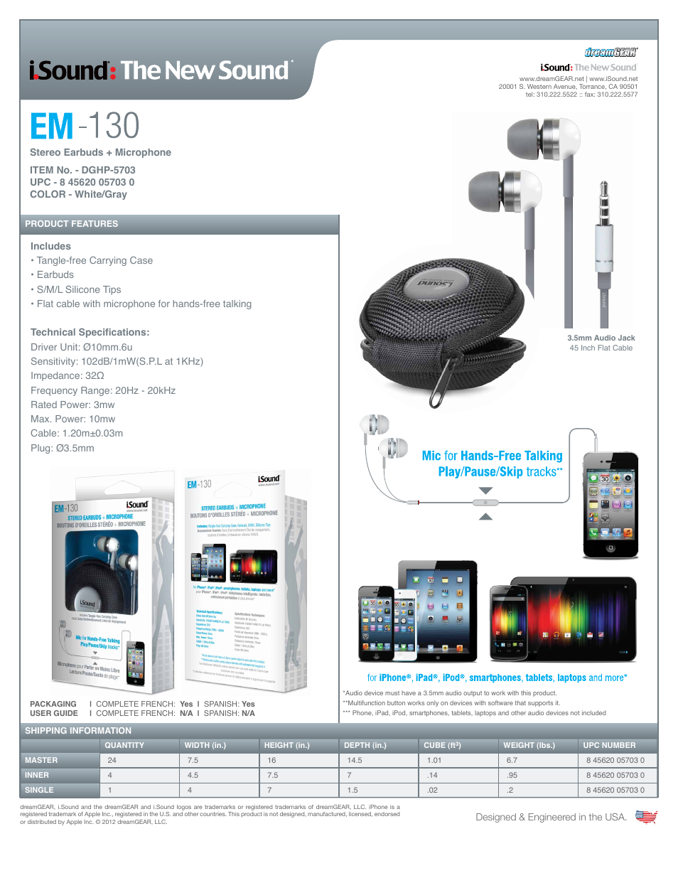 EM-130 Stereo Earbuds + Microphone - Sell Sheet