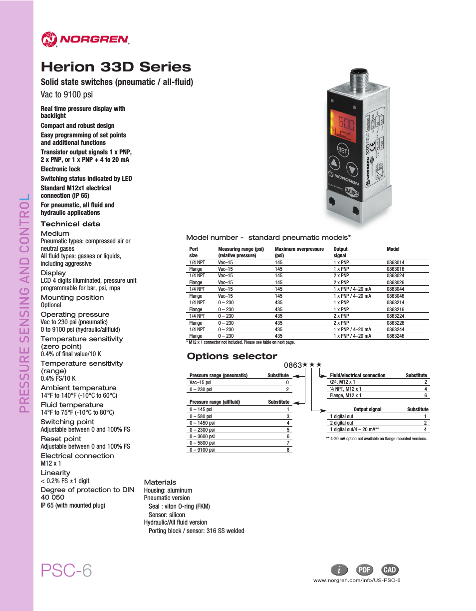 33D Electronic Pressure Switches Datasheets