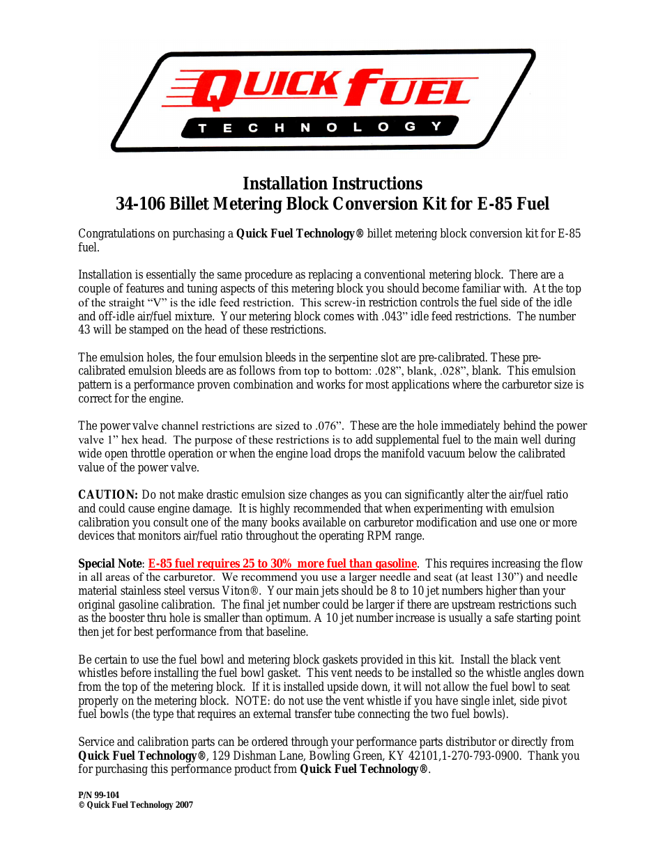 34-106 Billet Metering Block Conversion Kit for E-85 Fuel