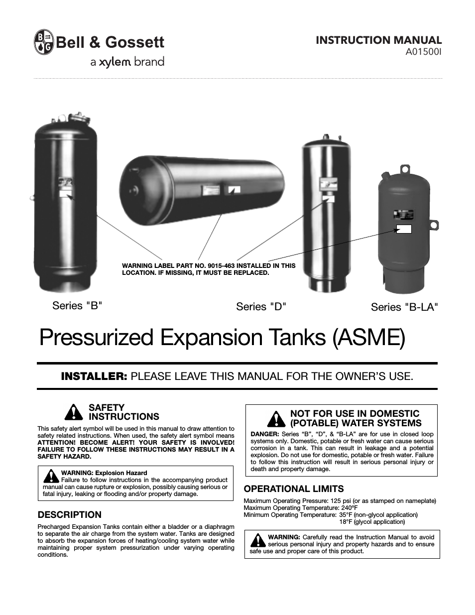 A01500I Pressurized Expansion Tanks (ASME)