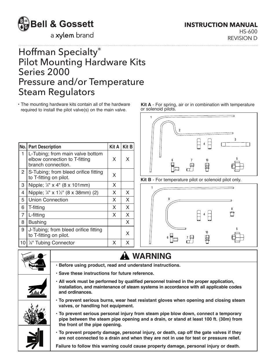 HS 600D Pilot Mounting Hardware Kits Series 2000 Pressure and/or Temperature Steam Regulators
