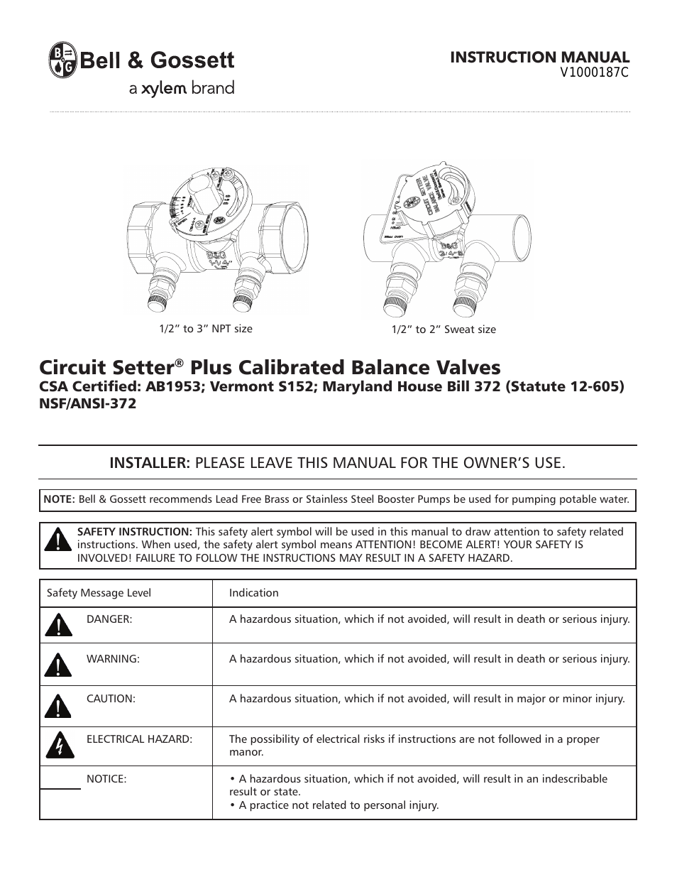 V1000187C Circuit Setter Plus Calibrated Balance Valves – Lead-Free