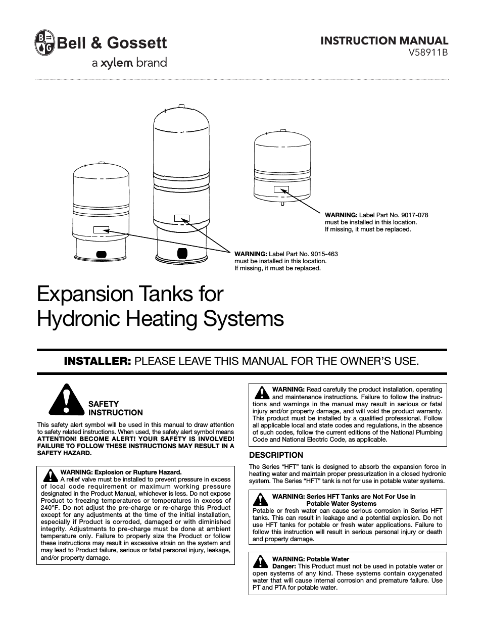 V58911B Expansion Tanks for Hydronic Heating Systems