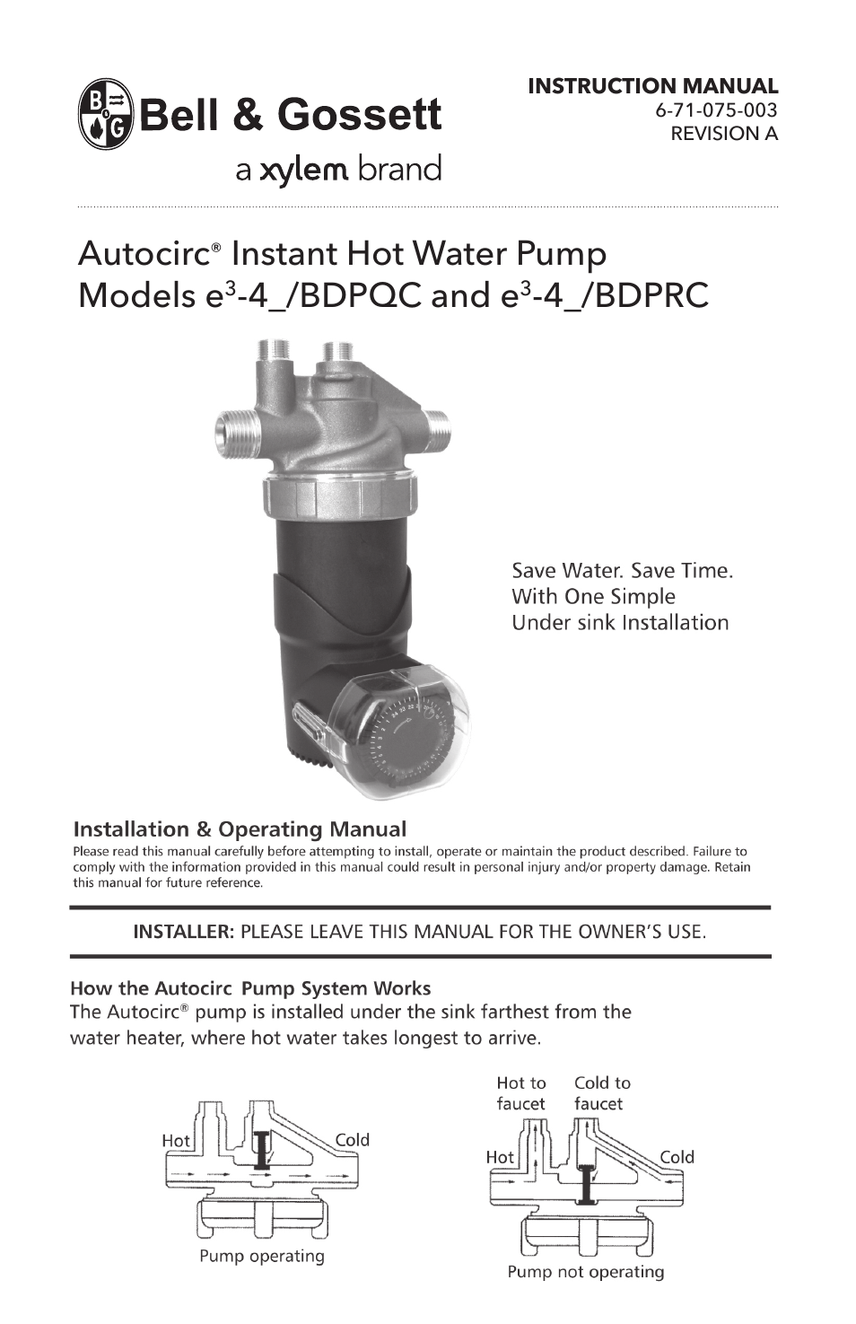 6 71 075 003A Autocirc Instant Hot Water Pump Models e3-4/BDPQC