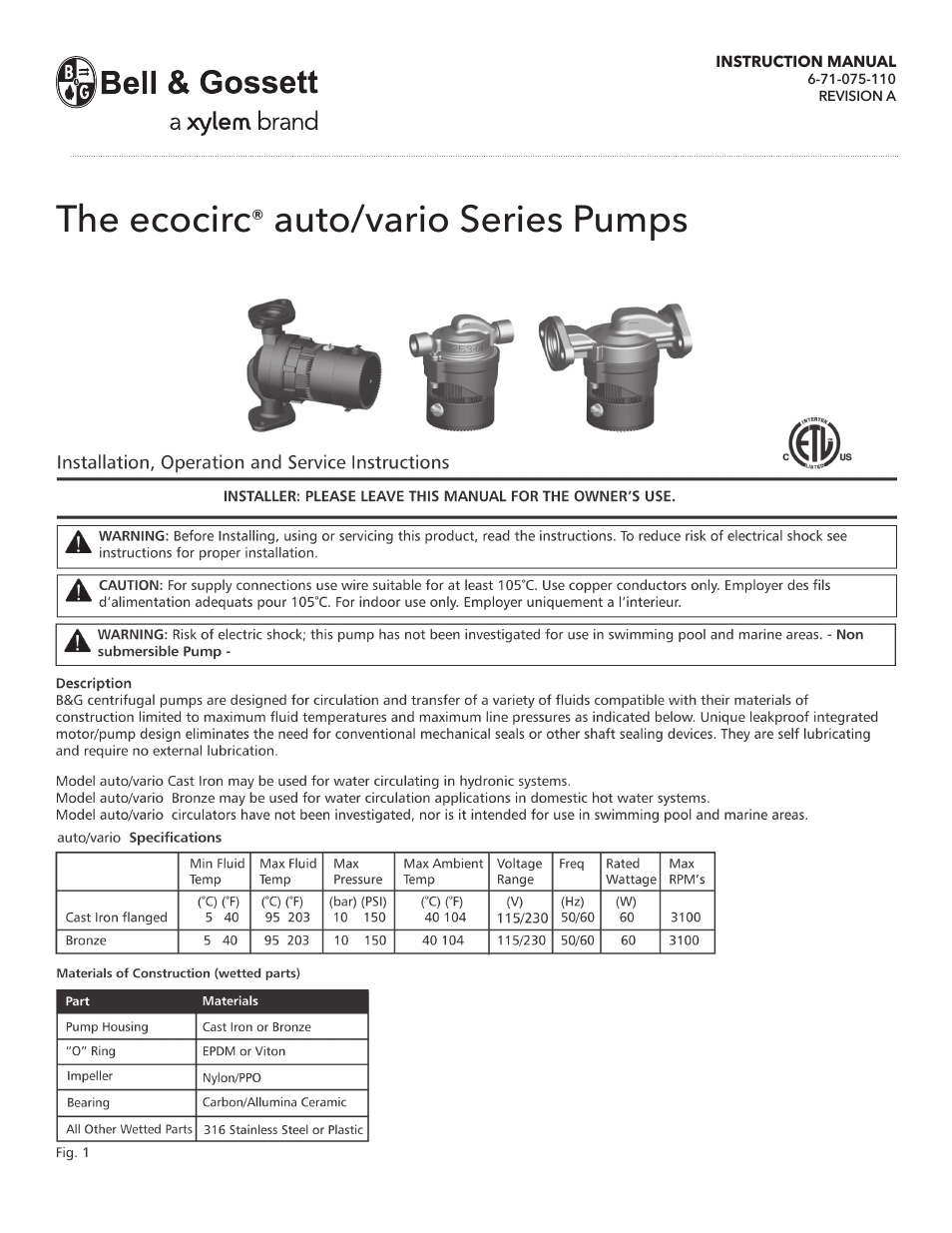 6 71 075 110A The ecocirc auto/vario Series Pumps