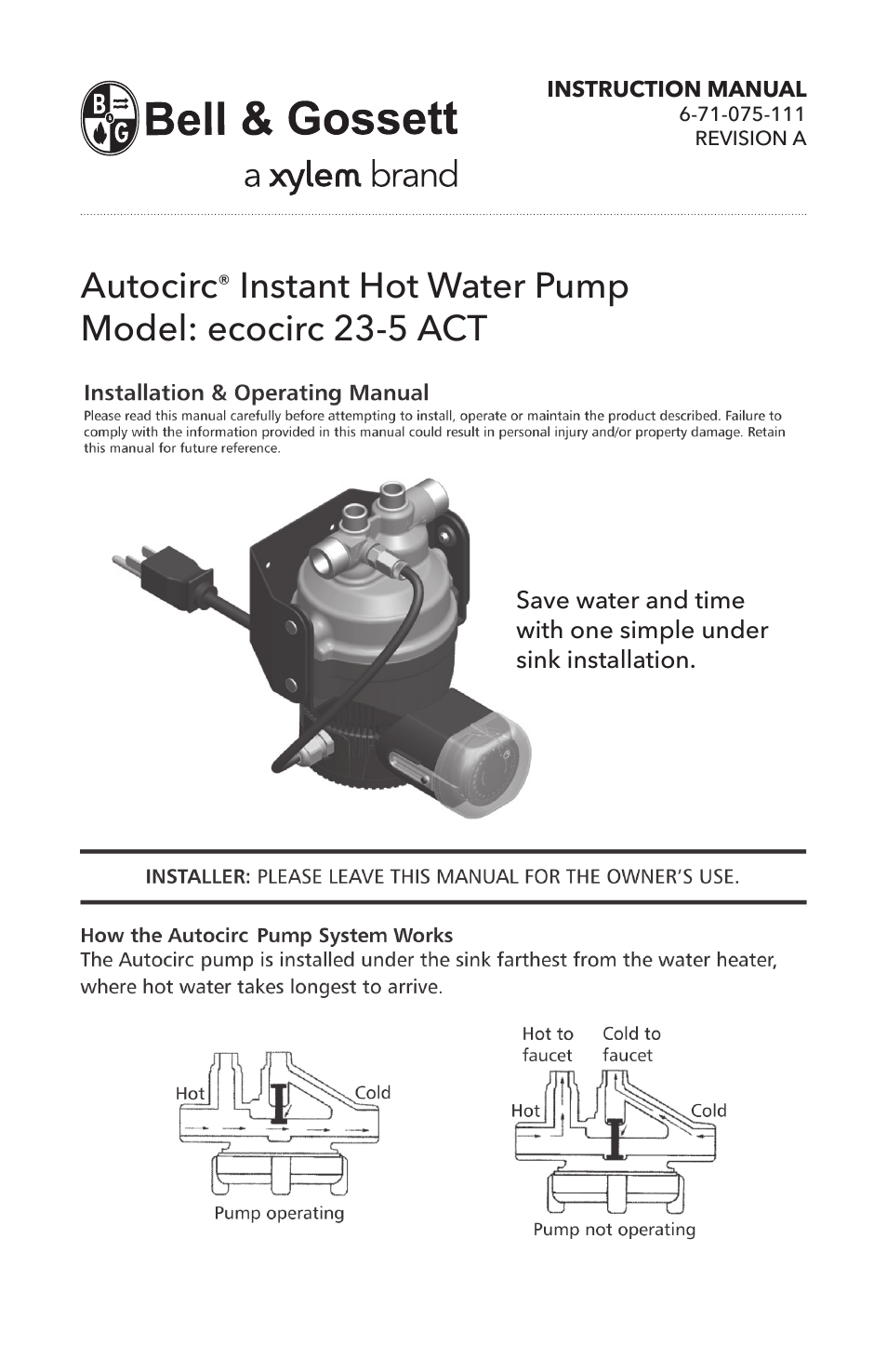 6 71 075 111A Autocirc Instant Hot Water Pump Model ecocirc 23 5 ACT