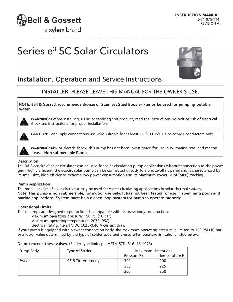 6 71 075 114A Series e3 SC Solar Circulators