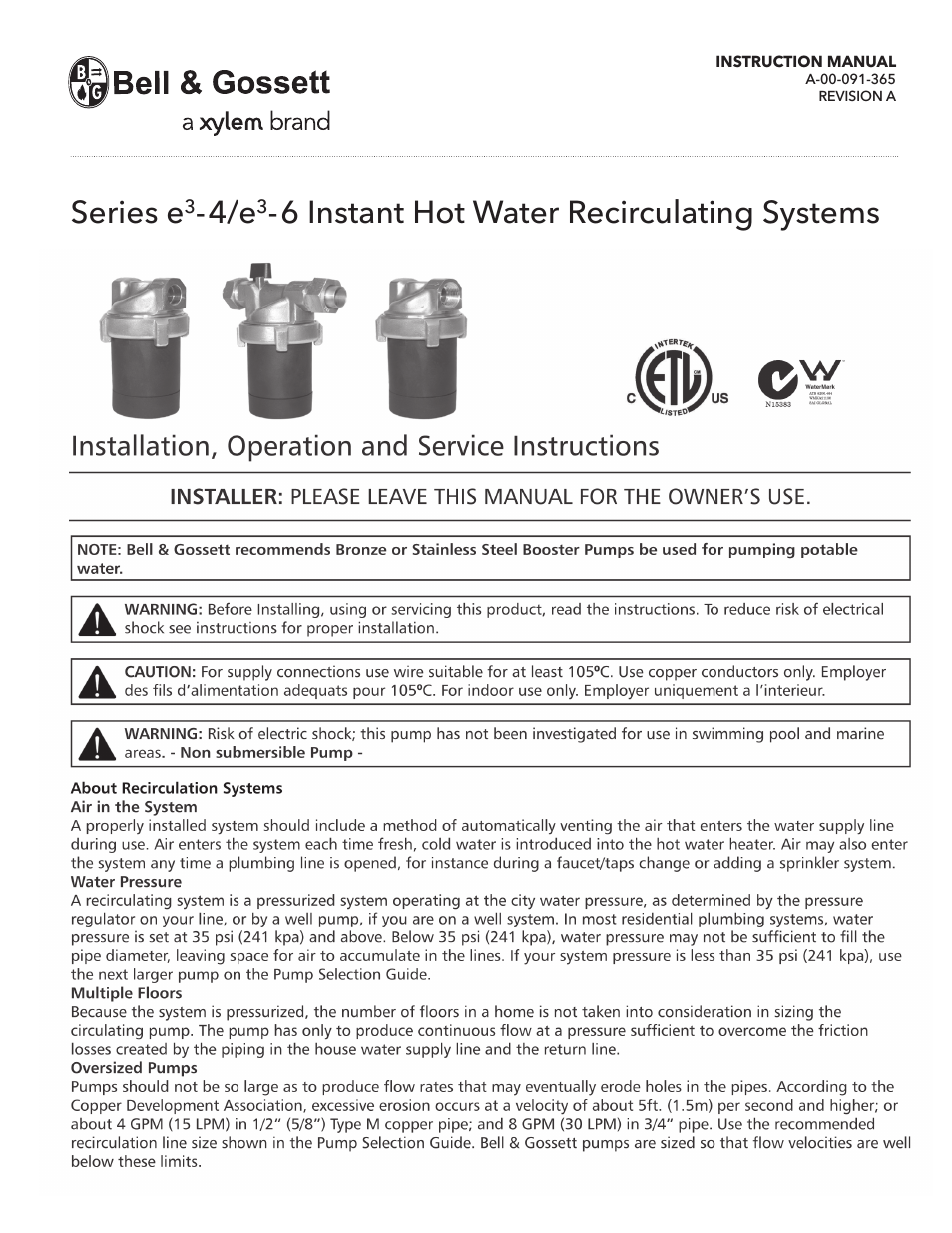 A 00 091 365A Series e3 4/e3 6 Instant Hot Water Recirculating Systems