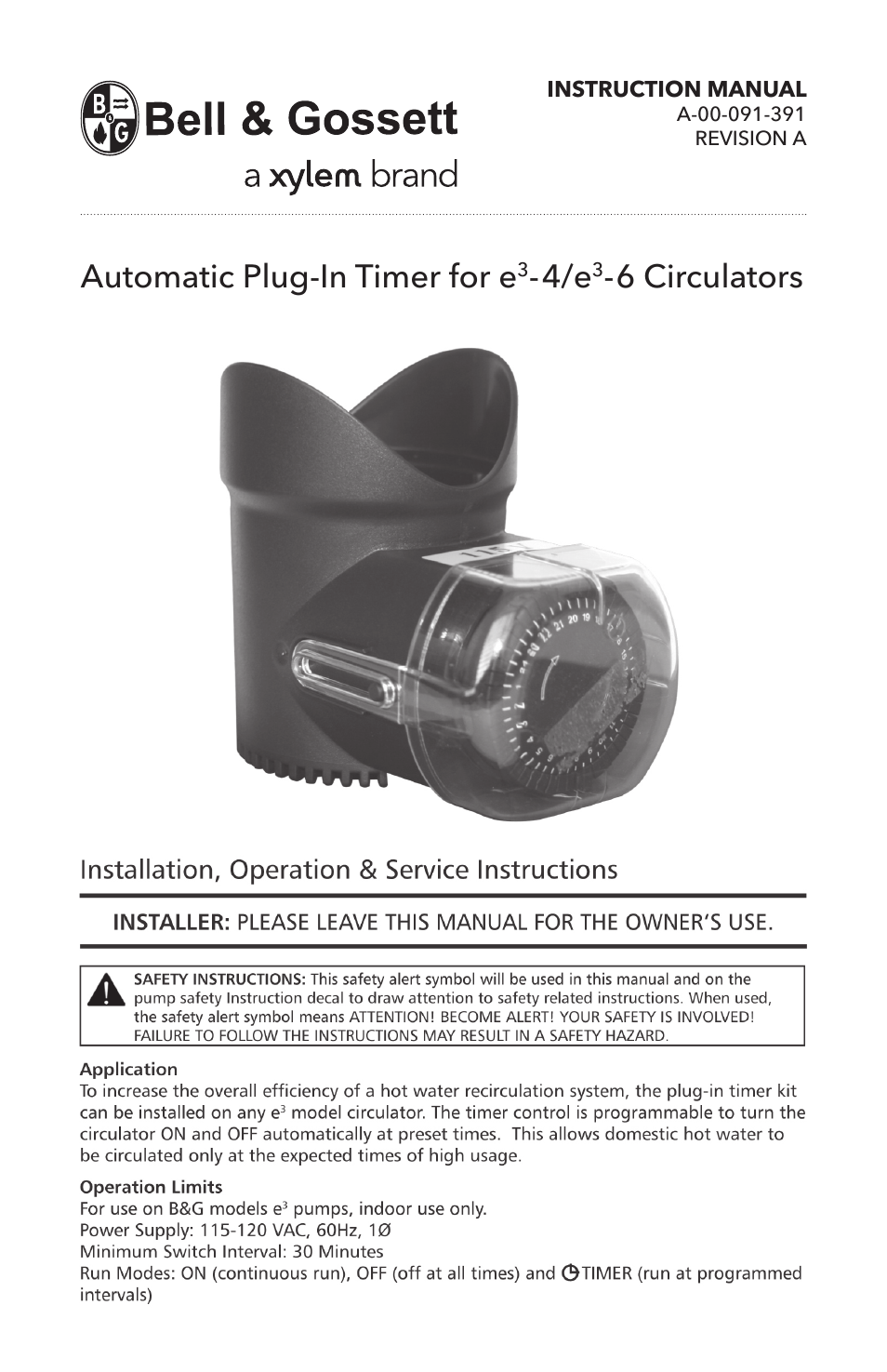 A 00 091 391A Automatic Plug-In Timer for e³-4/e³-6 Circulators