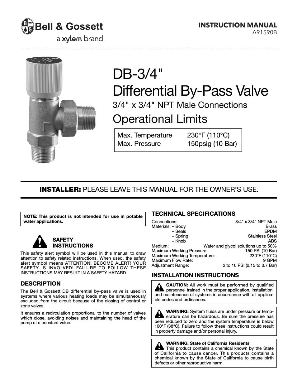 A91590B DB-3/4″ Differential By-Pass Valve 3/4″ x 3/4″ NPT Male Connections Operational Limits