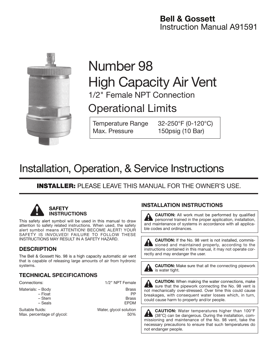 A91591 Number 98 High Capacity Air Vent 1/2″ Female NPT Connection Operational Limits
