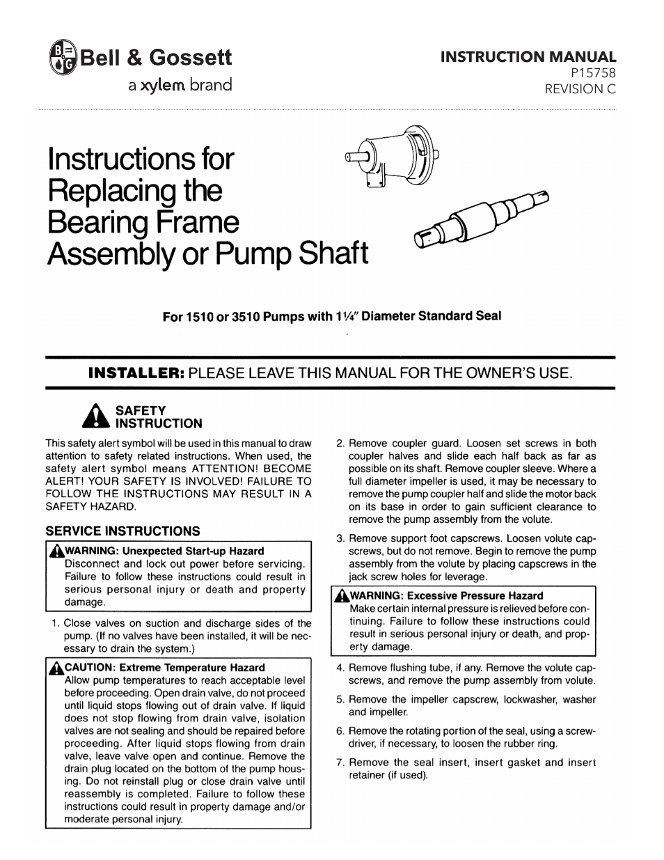 P15758C Replacing the Bearing Frame Assembly or Pump Shaft