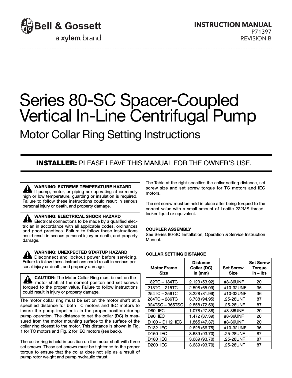 P71397B Series 80-SC Spacer-Coupled Vertical In-Line Centrifugal Pump Motor Collar Ring
