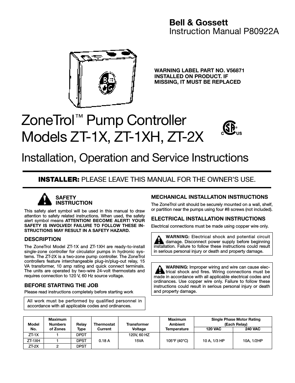 P80922A Zone Trol Pump Controller ZT-1X