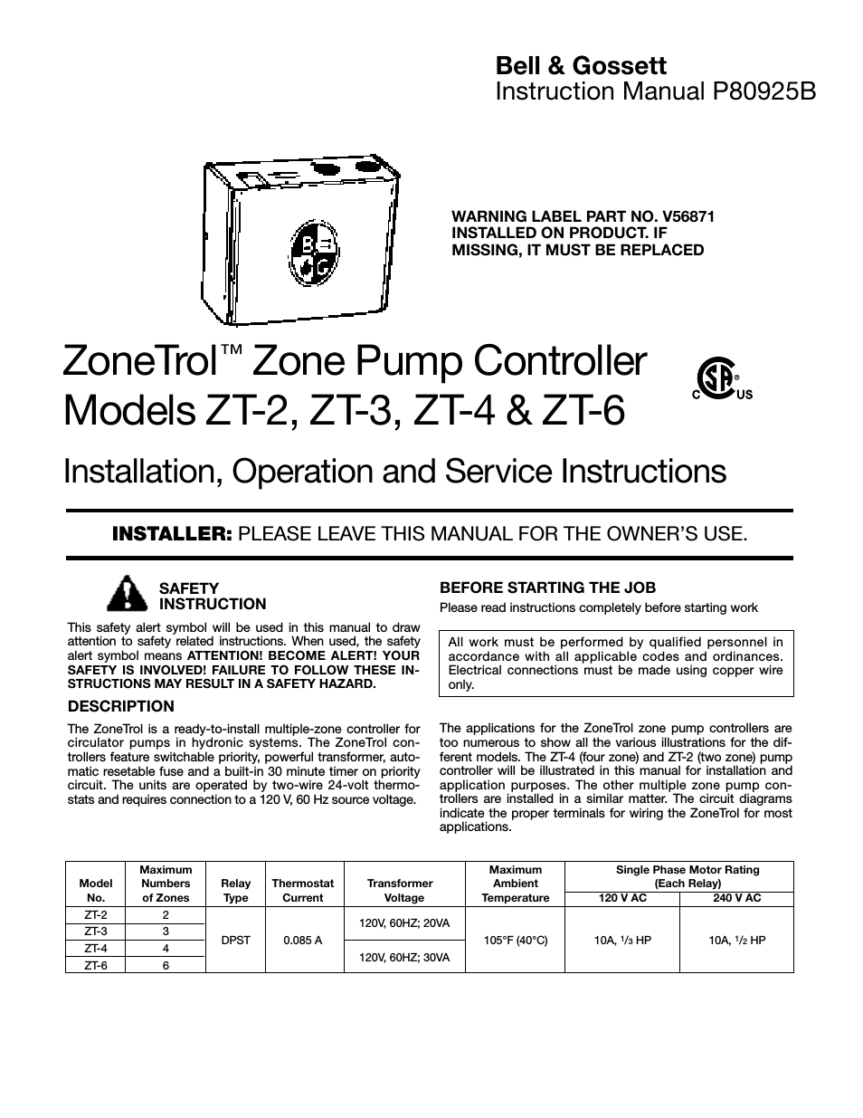 P80925B Zone Trol Zone Pump Controller ZT-2