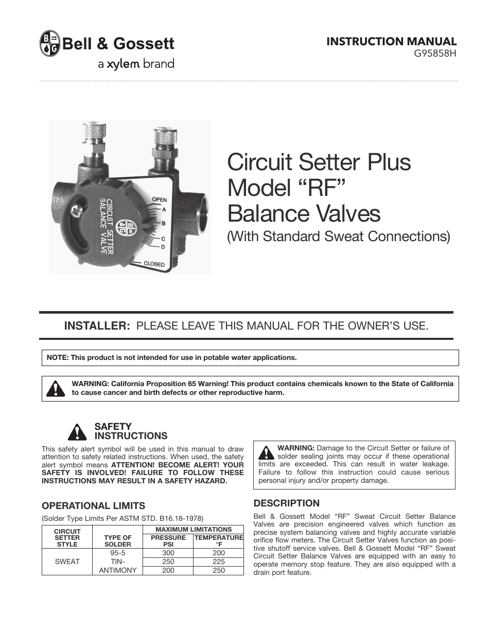 G95858H Circuit Setter Plus “RF” Balance Valves