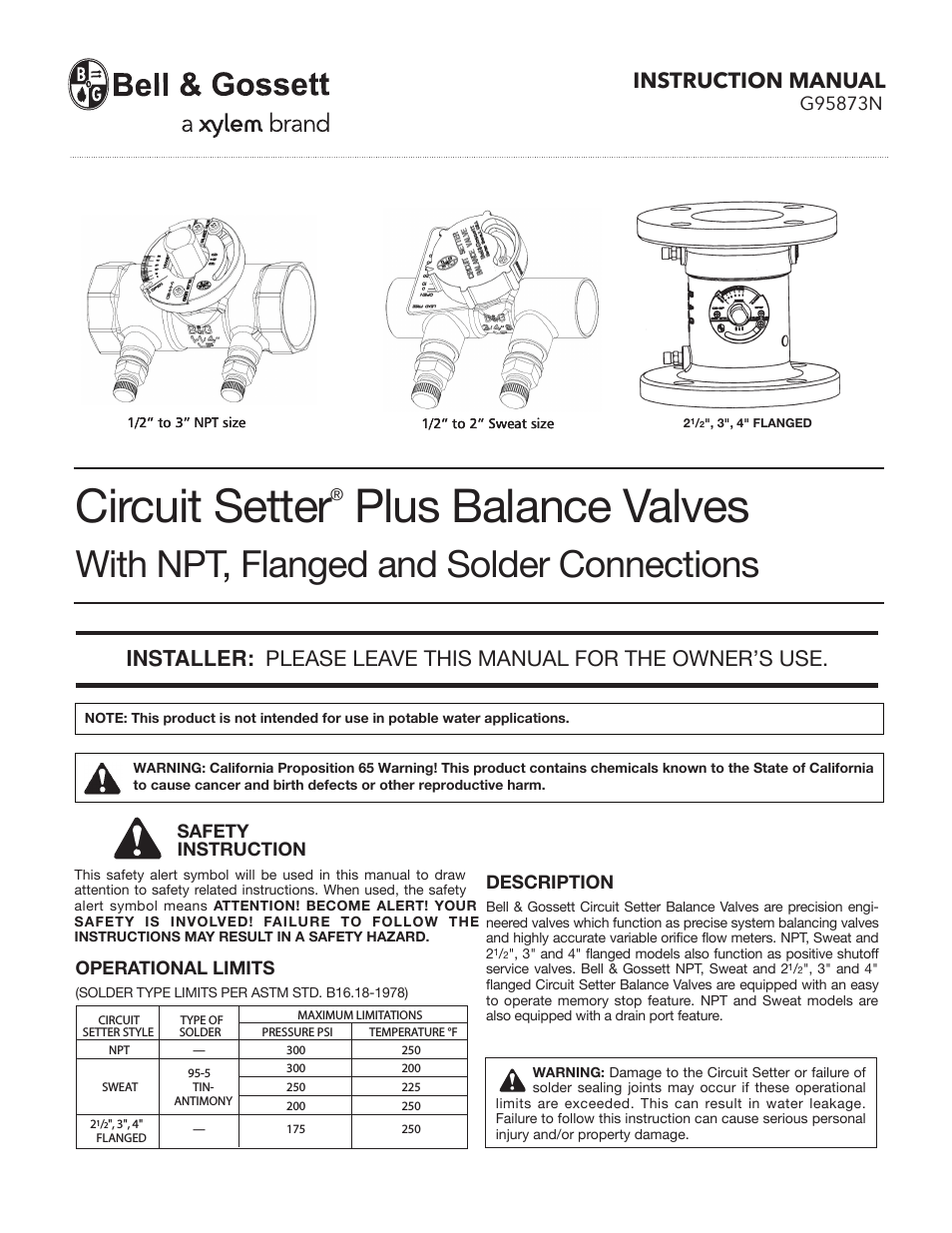 G95873N Circuit Setter Plus Balance Valves With NPT, Flanged and Solder Connections