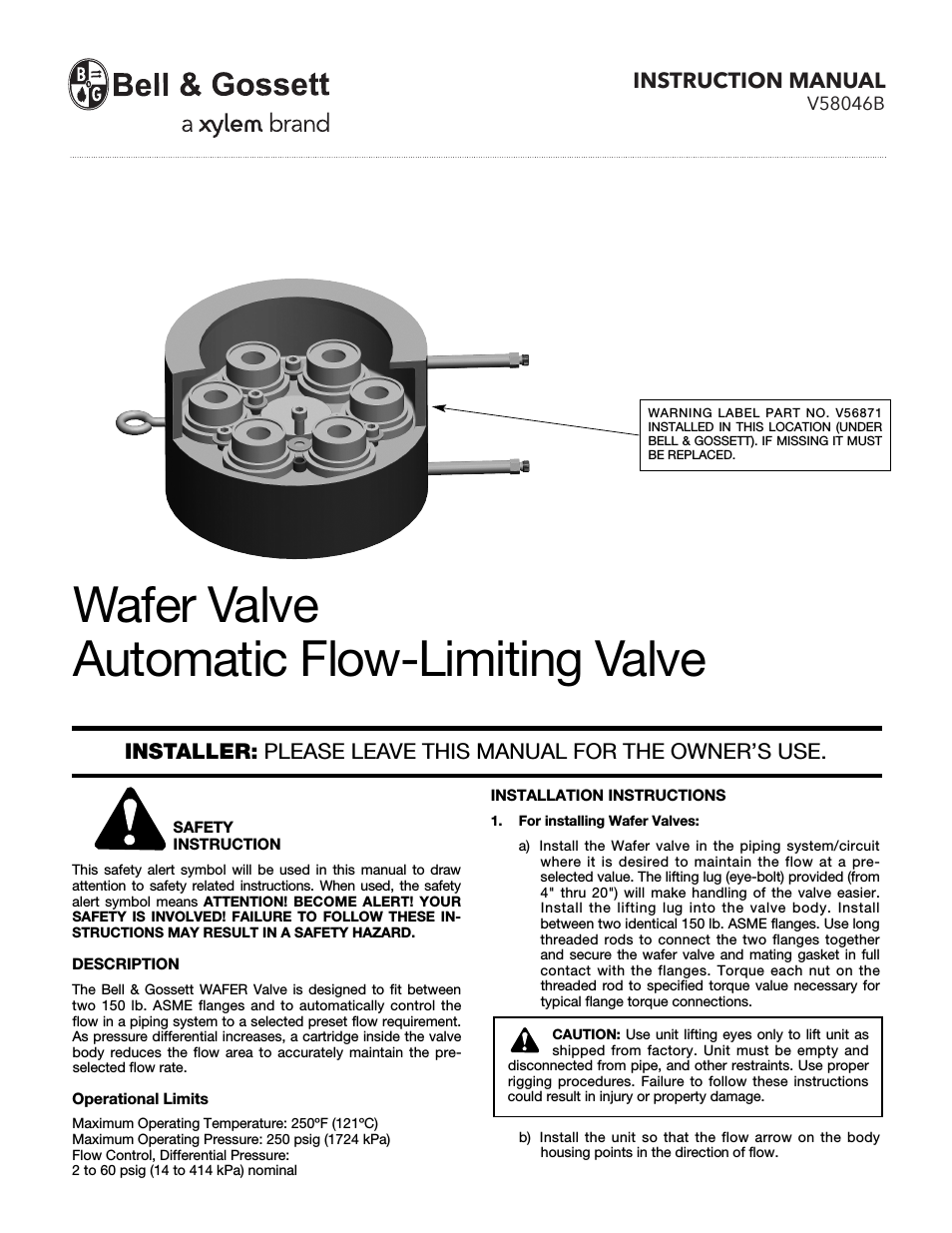 V58046B Wafer Valve Automatic Flow-Limiting Valve